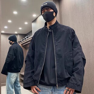 大码美式复古雅痞风纯色工装夹克男春季新款宽松褶皱拼接长袖外套