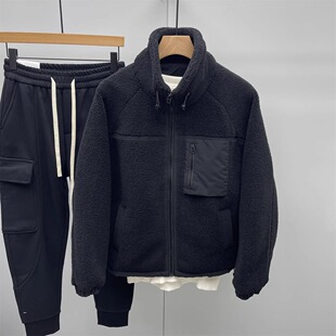 大码立领拼接羊羔毛夹克男士秋冬新款工装百搭颗粒绒保暖休闲外套