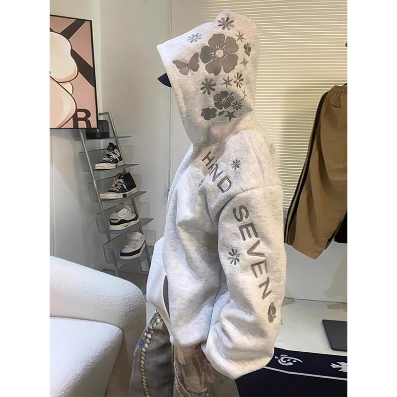 大码潮牌美式花卉刺绣连帽卫衣男