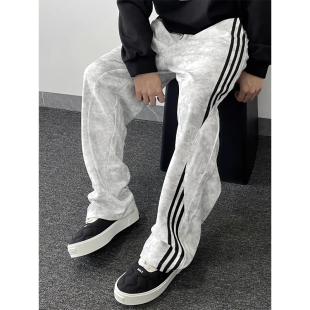 直筒休闲裤 大码 子男春秋三条杠重磅弯刀卫裤 扎染条纹裤 300斤美式