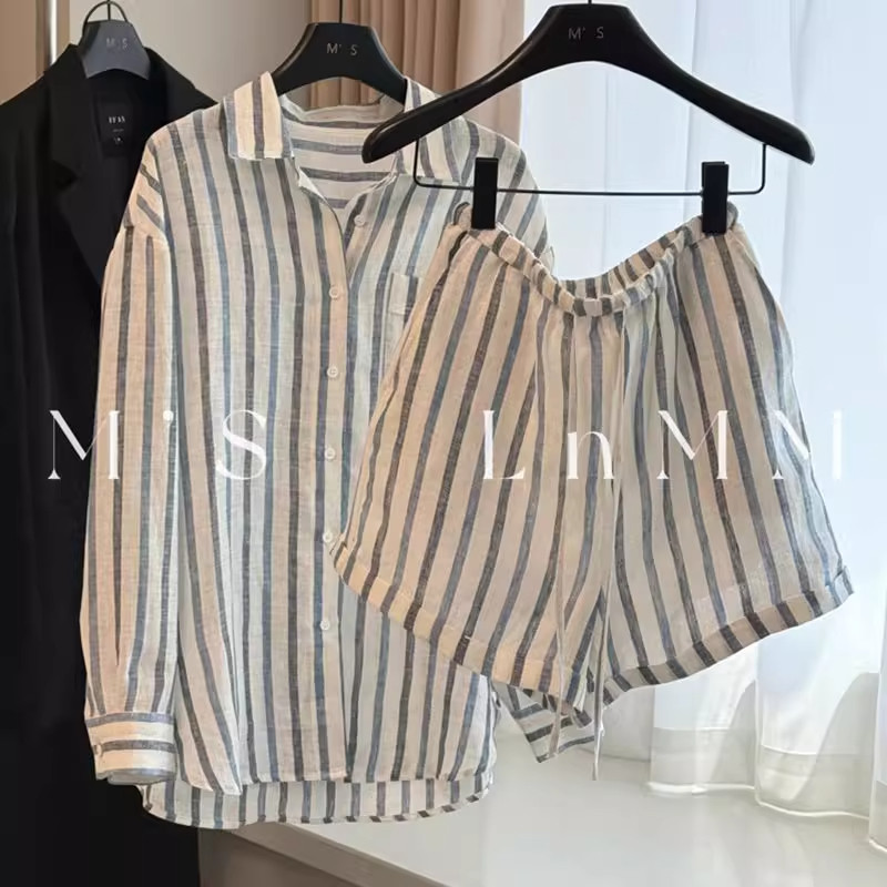 特大码300斤老钱风复古条纹亚麻衬衫套装男女轻薄休闲短裤两件套2,男装,休闲运动套装,淘宝优惠券,粉丝福利购,淘宝优惠卷