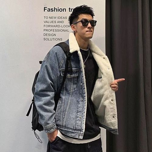 大码美式工装羊羔绒牛仔棉服男士