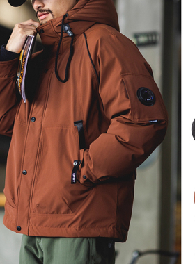 大码90白鸭绒砖红色连帽羽绒服男冬季新款宽松保暖工装冲锋衣外套