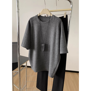 大码300斤松弛感针织短袖男女春秋加厚圆领慵懒垂感半袖T恤上衣潮