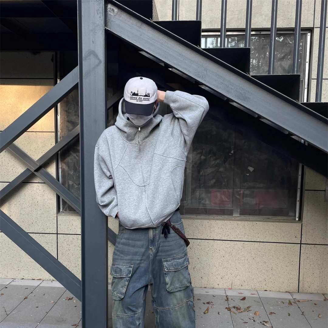 特大码300斤潮牌美式重磅解构多裁片连帽卫衣外套男开衫情侣帽衫