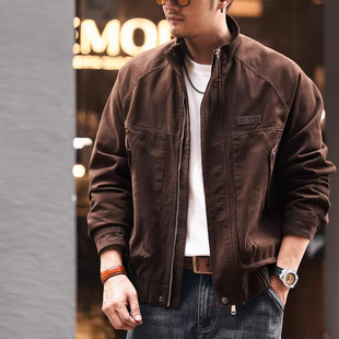 大码美式复古重磅硬汉立领纯棉工装外套男款春秋宽松飞行员夹克男