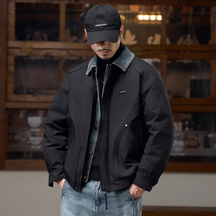 大码假两件牛仔拼接翻领羽绒服男款冬季美式工装宽松短款加厚外套