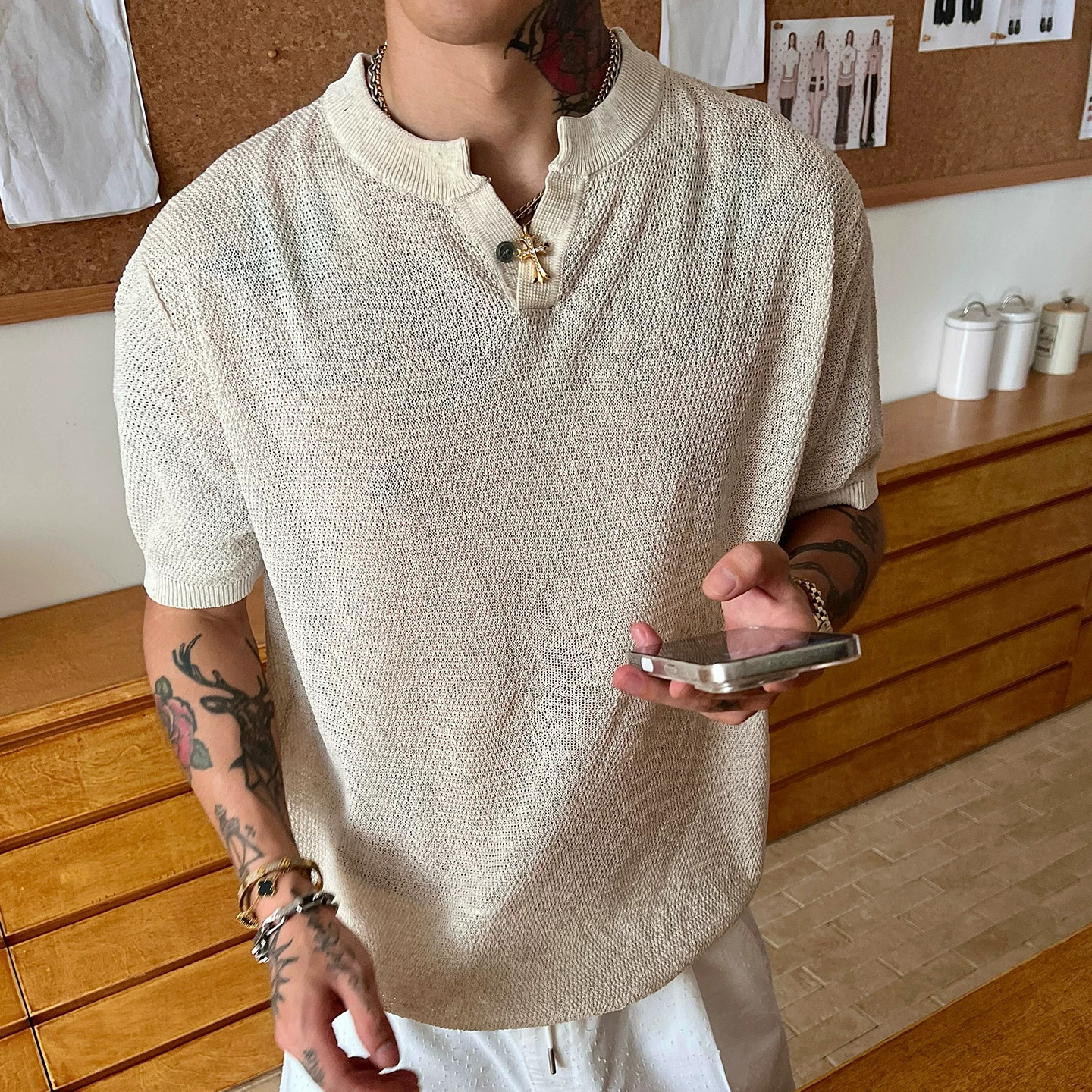 大码300斤天丝亚麻亨利领T恤男图片