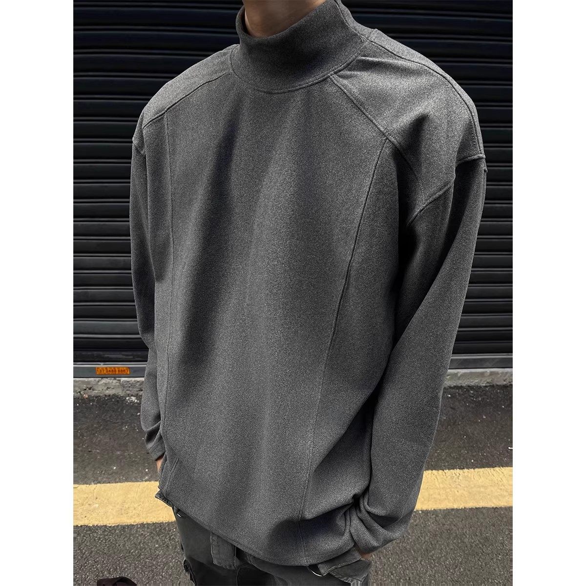 大码美式复古半高领解构分割设计感打底衫德绒长袖修身内搭T恤男,男装,T恤,淘宝优惠券,粉丝福利购,淘宝优惠卷