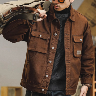 大码美式复古牛仔外套男款春秋款潮牌重磅翻领夹克男士工装夹克衫