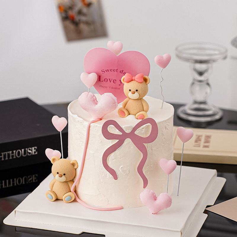 情人节软胶坐姿蓝粉小熊蛋糕