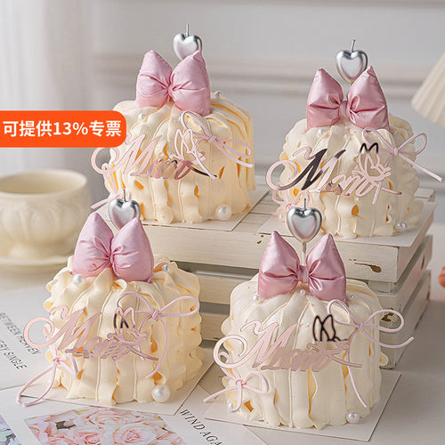 网红母亲节心形蜡烛小蛋糕装饰摆件MOM节日快乐亚克力蝴蝶结插件 - 封面