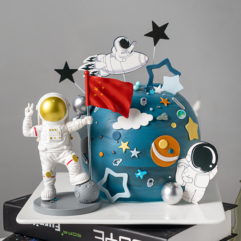 网红创意太空主题儿童生日蛋糕装饰胜利心愿宇航员摆件五角星插件