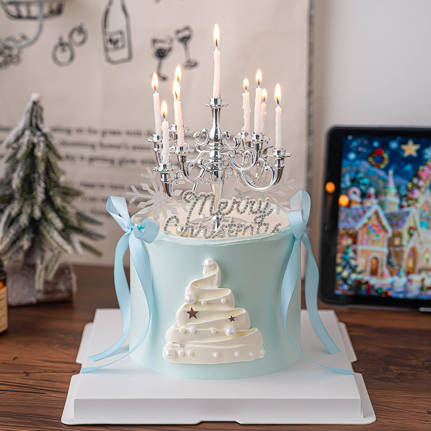 2026圣诞节唯美烛台蛋糕装饰摆件Merry Christmas毛毡水钻插件