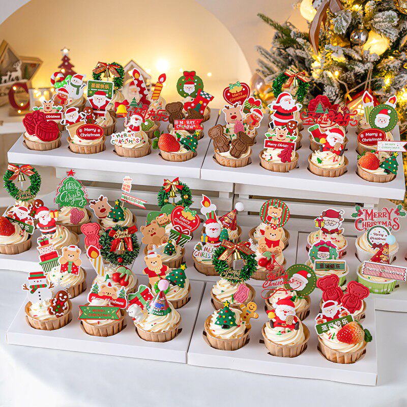 2026圣诞节纸杯蛋糕装饰品草圈小熊圣诞节快乐亚克力插件节日装扮