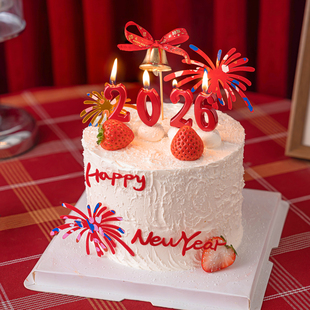 2026新年快乐礼花亚克力蛋糕装饰插件红色数字蜡烛跨年除夕装扮