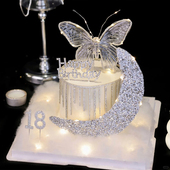 18岁唯美蛋糕装 扮 饰发光蝴蝶摆件钻石生日快乐插件女生女神派对装