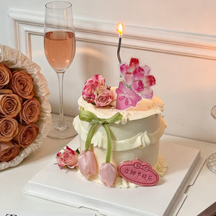 38女神节亚克力花束蛋糕装饰郁金香花苞丝带妇女节烘焙装扮插件