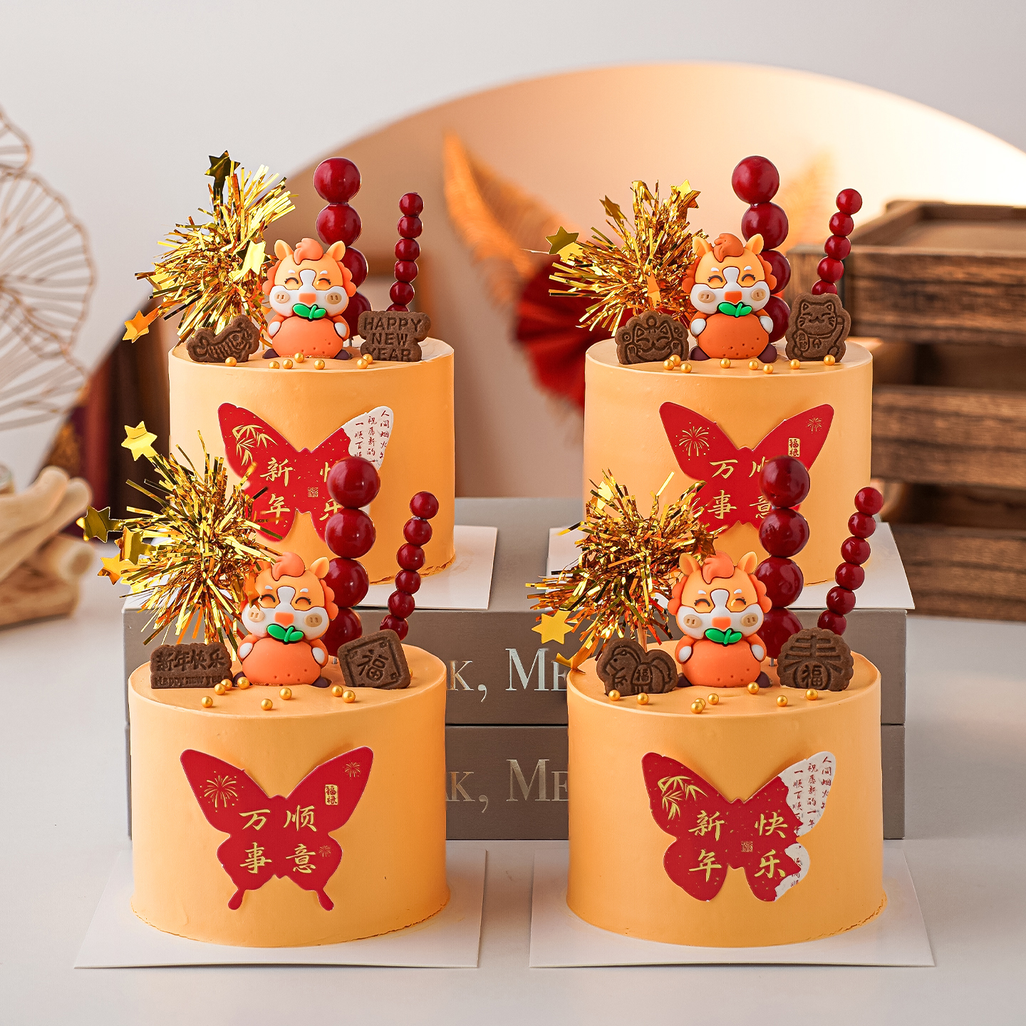 卡通柿子马宝宝蛋糕装饰摆件2026新年快乐万事顺意祝福语烘焙插牌
