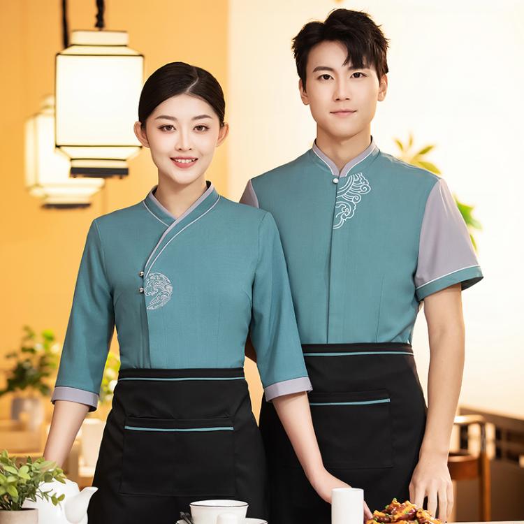 酒店服务员工作服夏装七分短袖餐厅制服饭店服装男女定制印字logo