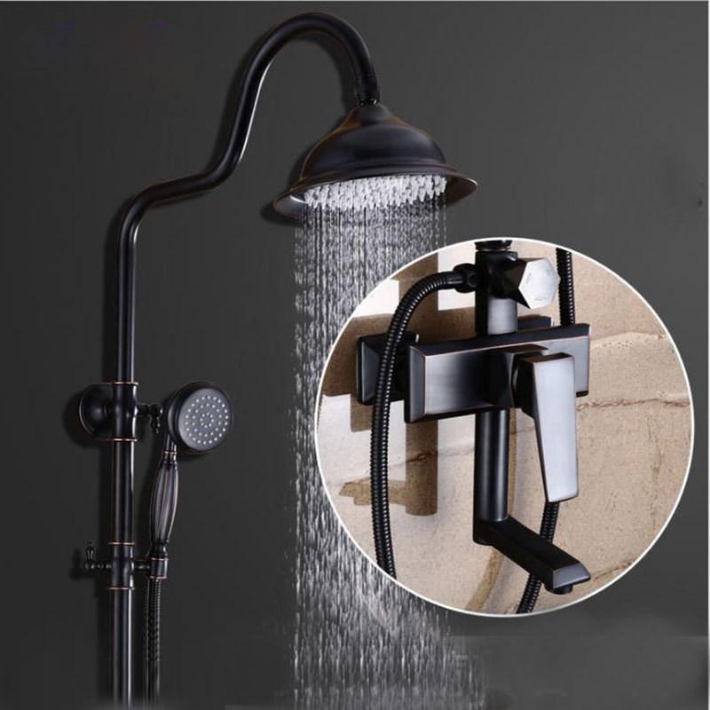黑色全铜淋浴花洒套装美式黑家用浴室冷热开关混水阀明装淋浴器