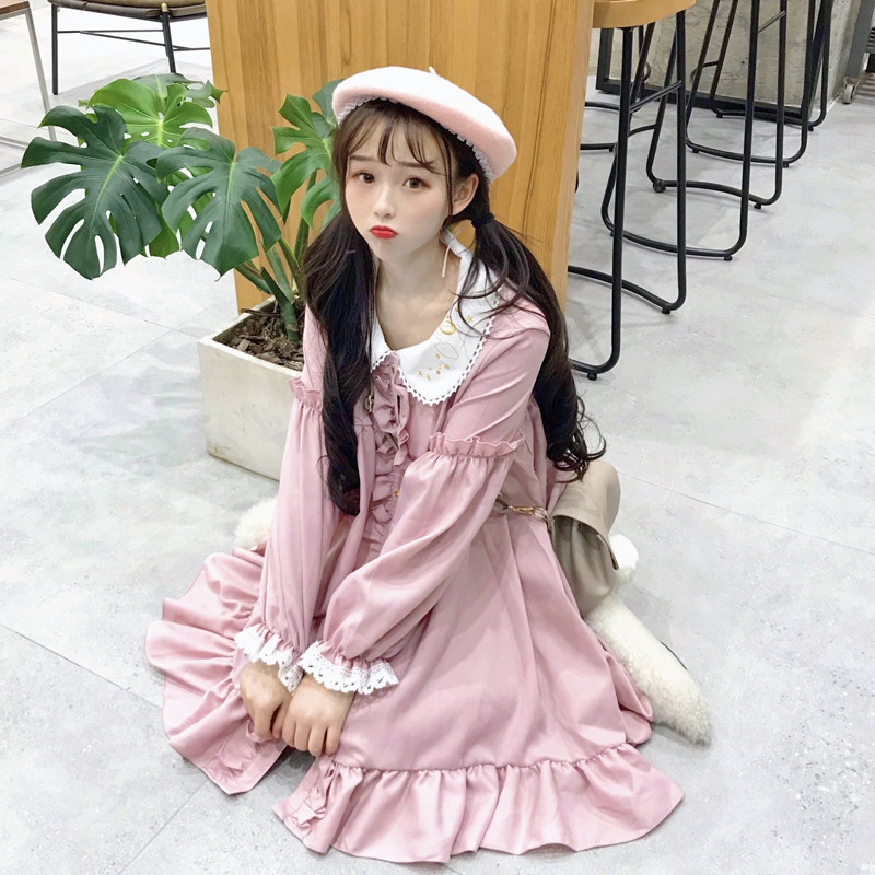 牵着你衣角日系软妹甜美可爱刺绣娃娃领长袖宽松lolita日常连衣裙热销34件正品保证