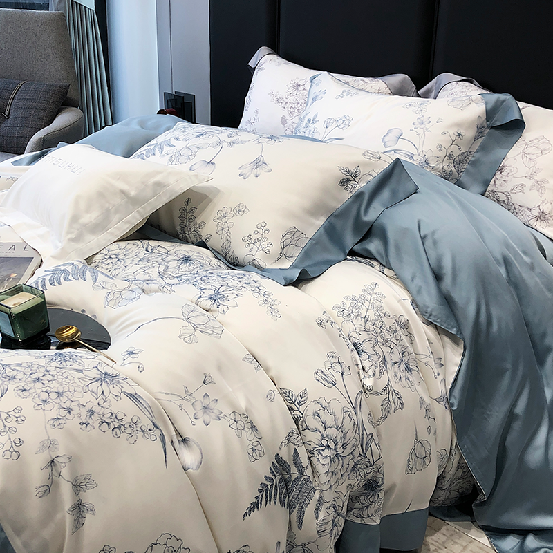 高端双面印花天丝四件套床单式床笠被套双人床学生宿舍丝滑四件套