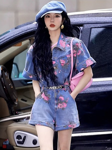 欧洲站重工樱花牛仔连体裤女2023夏季小个子显瘦连体衣短裤套装潮