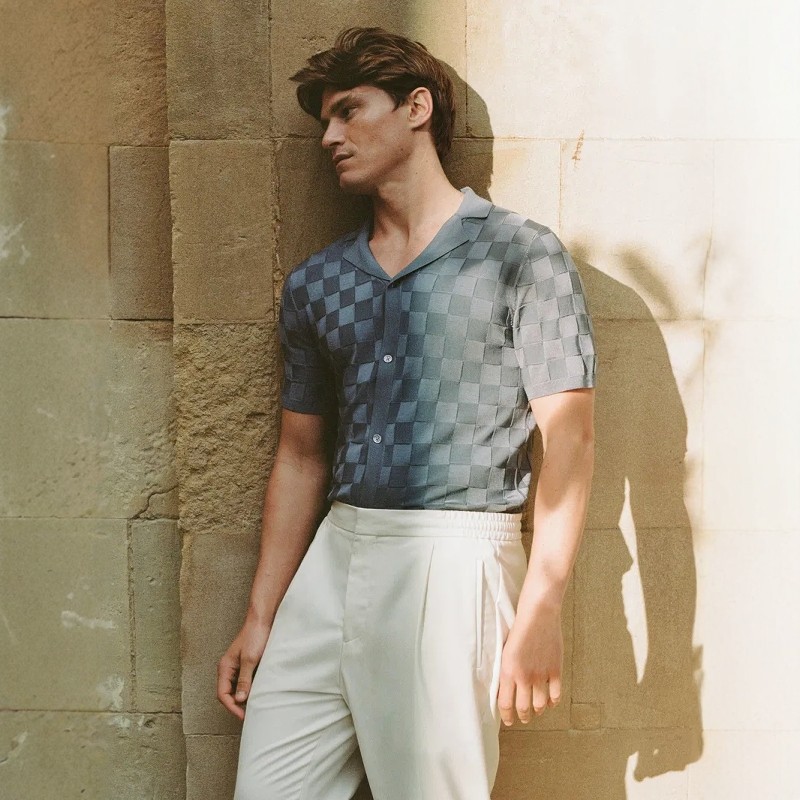英伦简约RS 男款 联名复古棋盘格纹古巴领短袖针织开衫上衣 C578