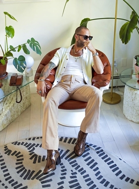 美系蕉国BR 男款 古巴领竖纹拼色短袖针织开衫上衣 9436