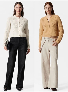 北欧风0S 女款 羊毛羊驼毛混纺花卉贴花针织开衫 E614