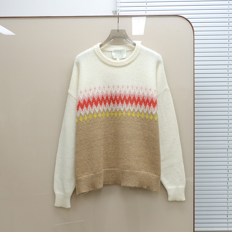 纽约设计师DL 女款  羊毛混纺圆领提花宽松落肩针织衫 D859