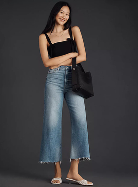 加州轻奢丹宁P1ST0 女款 蓝色洗水高腰须边阔腿裤牛仔裤 C913
