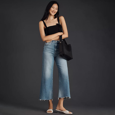加州轻奢丹宁P1ST0 女款 蓝色洗水高腰须边阔腿裤牛仔裤 C913