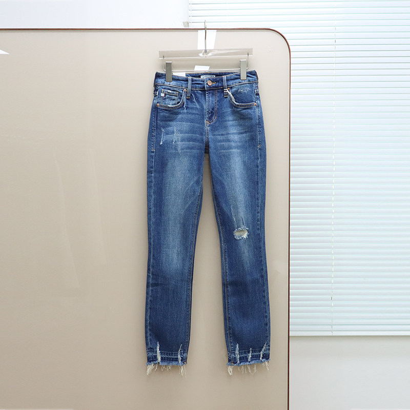 美式丹宁DJ 女款 蓝色洗水磨破虚边修身牛仔裤 F587
