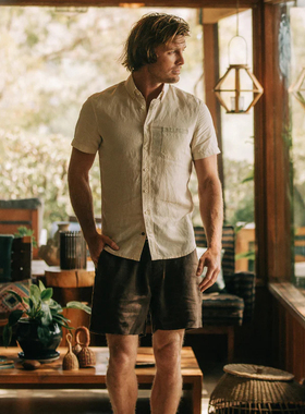 加州美式复古TS  男款 天丝亚麻混纺单口袋短袖衬衫 A701