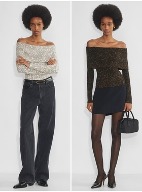 加拿大红牌 女款 一字领露肩柔软针织衫 E171