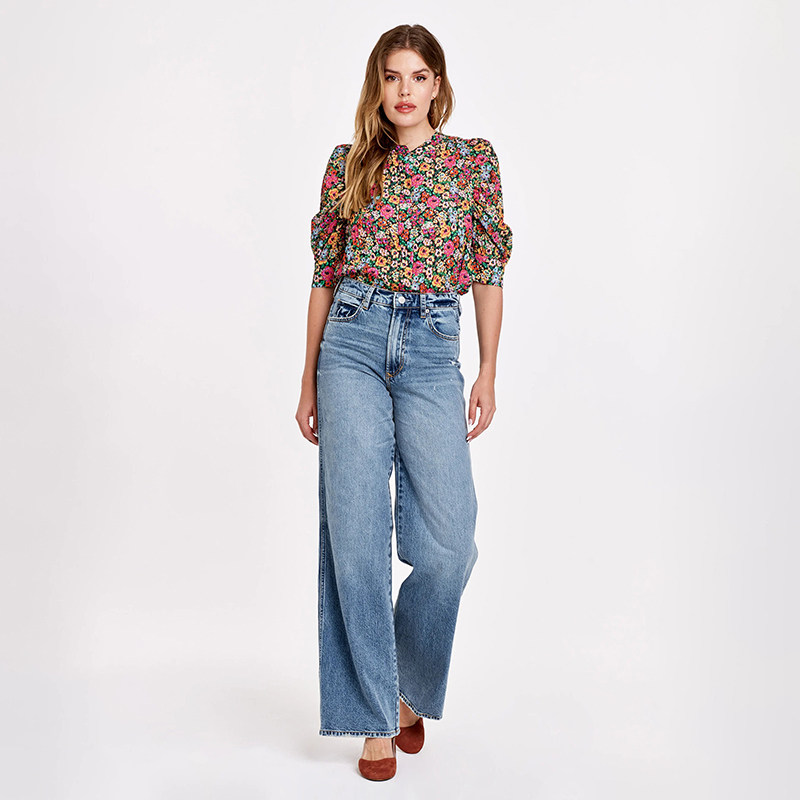 美式丹宁DJ 女款 浅蓝洗水高腰磨破阔腿牛仔裤 F645