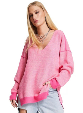 美系FP  女款 V领落肩宽松毛绒针织衫 E533