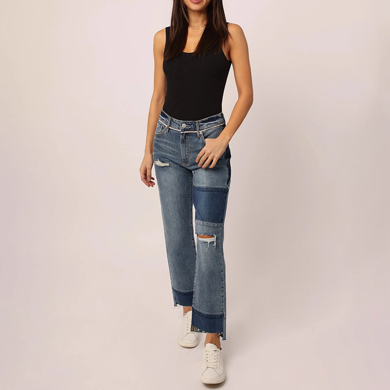 美式丹宁DJ 女款 蓝色洗水高腰直筒磨破拼接九分牛仔裤 F582
