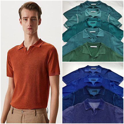 西班牙轻奢AD 男款 成衣洗染海鸥领V翻领短袖针织T恤上衣 A352