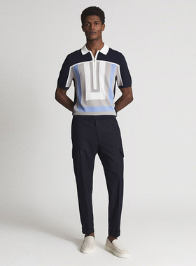 英伦简约RS 男款 半拉链拼色翻领短袖针织上衣 B334