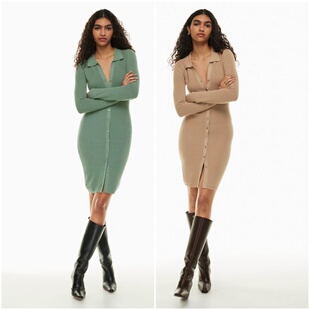 5076 翻领前排扣罗纹针织连衣裙 加拿大红牌 女款