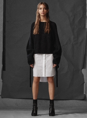 英伦ALL 女款 羊毛羊绒混纺绑带袖罗纹拼接针织连衣裙 D170