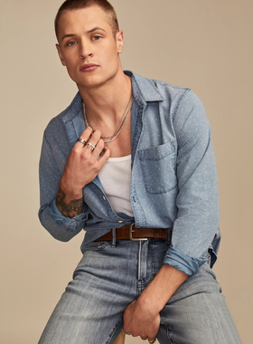 美系幸运牌 男款 复古蓝色洗水圆点长袖衬衫 9703