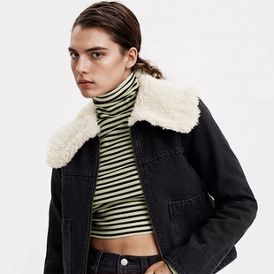 黑灰洗水夏尔巴羊羔绒领拉链牛仔外套 女款 7759 经典 美式