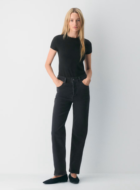 加拿大红牌DF 女款 黑灰洗水高腰直筒牛仔裤 D865