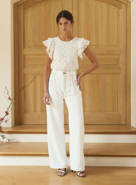 新西兰小众轻奢M@X 女款 白色明线3褶裥高腰弹力阔腿牛仔裤 B620