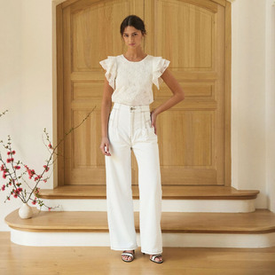 新西兰小众轻奢M@X 女款 白色明线3褶裥高腰弹力阔腿牛仔裤 B620