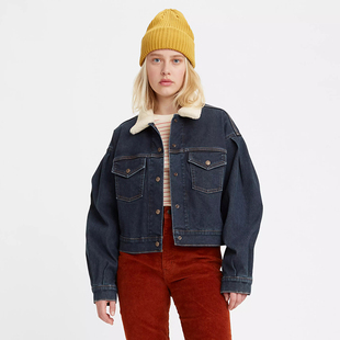 牛仔外套 美式 深蓝洗水夏尔巴羊羔绒领泡泡袖 女款 7760 经典